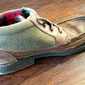 Bass Timberline boots, brown leather with green felt, red plaid interior fabric